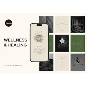 Puede incluir: Una plantilla de redes sociales para el bienestar y la curación, con un teléfono inteligente con el texto "Mind full?" y "Mind full." Varias imágenes cuadradas con gráficos y texto relacionados con el bienestar rodean el teléfono. El logotipo de Canva está en la parte superior izquierda.