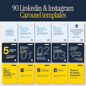Op de afbeelding: Een verzameling van 90 LinkedIn- en Instagram-carrouseltemplates met diverse lay-outs, tekst, genummerde lijsten en grafische elementen in blauw, wit en geel. De ontwerpen bevatten koppen zoals 5 Marketing Truths en The Biggest Mistakes That Ruin Your Marketing, met tijdelijke aanduidingen voor logo's en website-URL's.
