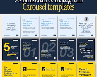May include: A collection of 90 LinkedIn and Instagram carousel templates featuring various layouts with text, numbered lists, and graphic elements in blue, white, and yellow. The designs include headings like 5 Marketing Truths and The Biggest Mistakes That Ruin Your Marketing, with placeholders for logos and website URLs.