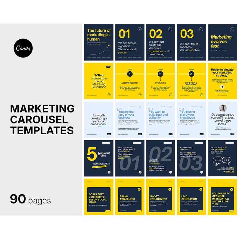 May include: A collection of marketing carousel templates with a Canva logo. The templates are in yellow, white, and navy blue. Text includes "Marketing evolves fast," "3-Step Journey to a Strong Marketing Foundation," and "90 pages."