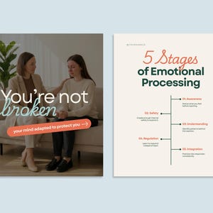 May include: Two-panel image. The left panel shows two women on a sofa with the text "You're not broken" and "your mind adapted to protect you". The right panel displays "5 Stages of Emotional Processing".
