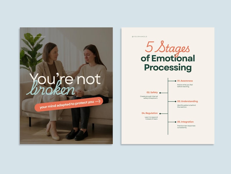 May include: Two-panel image. The left panel shows two women on a sofa with the text "You're not broken" and "your mind adapted to protect you". The right panel displays "5 Stages of Emotional Processing".