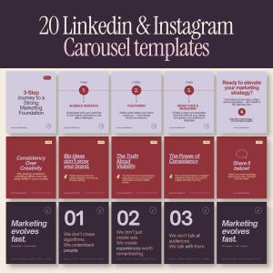 May include: A collection of 20 LinkedIn and Instagram carousel templates featuring a color palette of light purple, deep red, and dark purple. The designs include various marketing-themed text, numbered steps, and icons arranged in a grid layout.