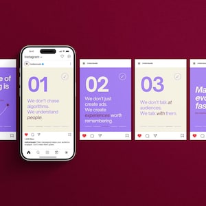 May include: A smartphone displaying an Instagram feed with five purple and cream-colored slides. The text includes phrases like The future of marketing is human, 01 We don't chase algorithms, 02 We don't just create ads, 03 We don't talk at audiences, and Marketing evolves fast.