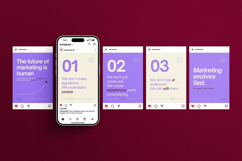 May include: A smartphone displaying an Instagram feed with five purple and cream-colored slides. The text includes phrases like The future of marketing is human, 01 We don't chase algorithms, 02 We don't just create ads, 03 We don't talk at audiences, and Marketing evolves fast.