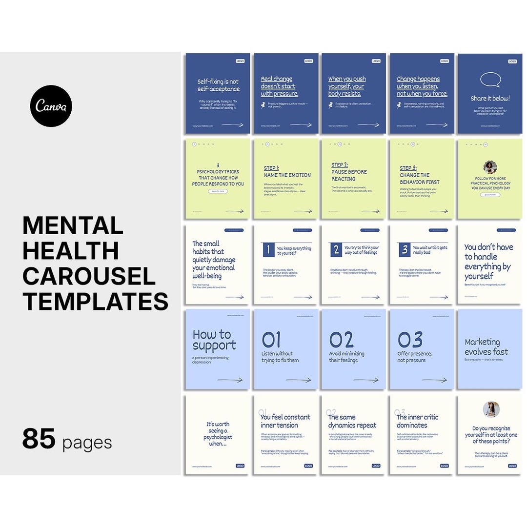 Mental Health Therapist Instagram Templates, Psychology Carousel Posts ...