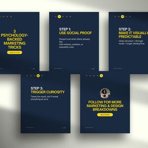 May include: A series of navy blue marketing slides with yellow text. The slides discuss psychology-backed marketing tricks, social proof, visual predictability, and triggering curiosity. Each slide has a title and bullet points.