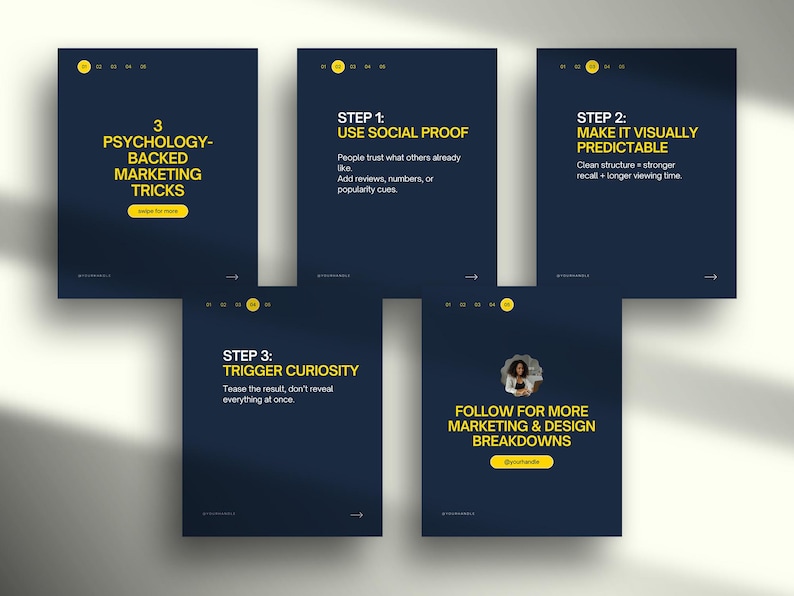 May include: A series of navy blue marketing slides with yellow text. The slides discuss psychology-backed marketing tricks, social proof, visual predictability, and triggering curiosity. Each slide has a title and bullet points.