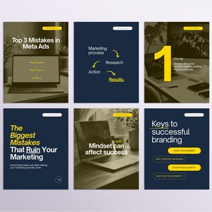 Canva Instagram template bundle for marketing and branding – navy blue and yellow social media post designs with tips on ad mistakes, marketing process, mindset, branding, and strategy.