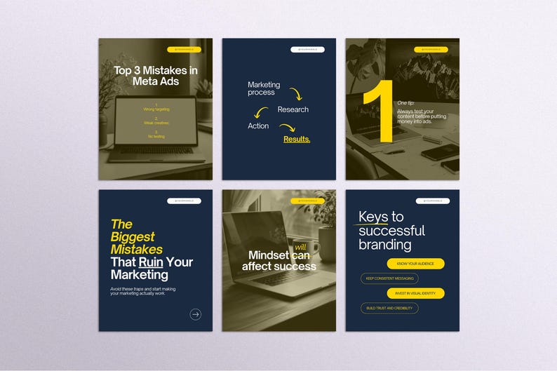 Canva Instagram template bundle for marketing and branding – navy blue and yellow social media post designs with tips on ad mistakes, marketing process, mindset, branding, and strategy.
