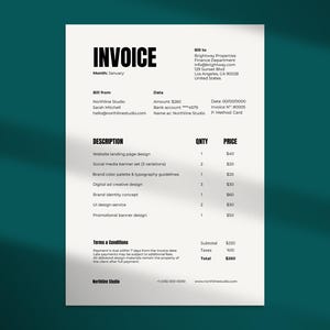 May include: A white invoice with black text against a teal background. The invoice includes details such as the month, bill from, data, and a description of services like website landing page design and social media banners.