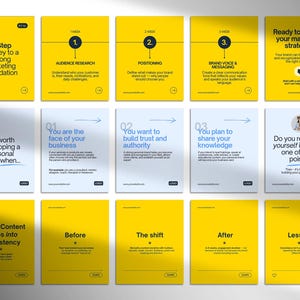 May include: A collection of yellow and white cards with text about marketing strategy. The cards are arranged in rows and columns, with titles like "3-Step Journey to a Strong Marketing Foundation" and "Ready to elevate your marketing strategy?"
