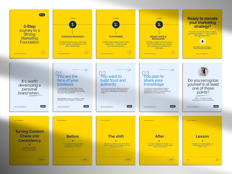 May include: A collection of yellow and white cards with text about marketing strategy. The cards are arranged in rows and columns, with titles like "3-Step Journey to a Strong Marketing Foundation" and "Ready to elevate your marketing strategy?"