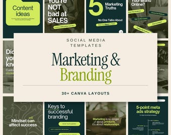 May include: A collection of social media templates for marketing and branding featuring over 30 Canva layouts. The design uses a dark green and light green color palette with white text, showcasing various slide designs for business strategy.