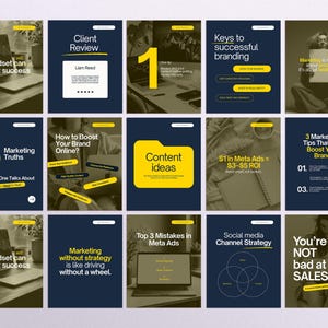 Canva Instagram templates for marketing and personal branding – modern navy blue and yellow social media post designs featuring client reviews, ad tips, marketing truths, strategy guides, content ideas, and sales quotes.