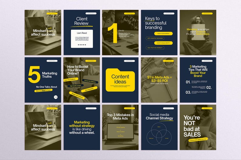 Canva Instagram templates for marketing and personal branding – modern navy blue and yellow social media post designs featuring client reviews, ad tips, marketing truths, strategy guides, content ideas, and sales quotes.