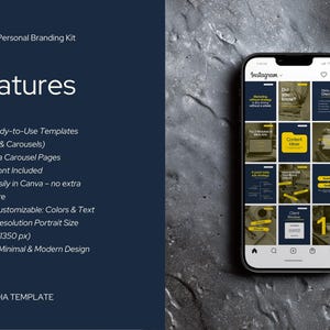 “Canva social media template kit for marketers and personal branding – iPhone mockup showing Instagram post designs in navy blue and yellow, with listed features such as 30 templates, carousel pages, customizable colors, and modern design.