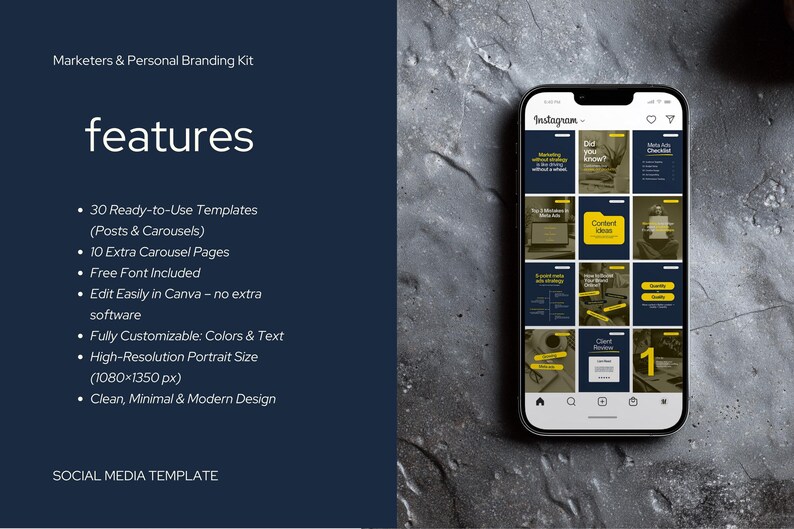 “Canva social media template kit for marketers and personal branding – iPhone mockup showing Instagram post designs in navy blue and yellow, with listed features such as 30 templates, carousel pages, customizable colors, and modern design.