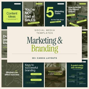 Puede incluir: Una colección de plantillas para redes sociales de marketing y branding con más de 30 diseños de Canva. El diseño utiliza una paleta de colores verde oscuro y verde claro con texto en blanco, mostrando varios diseños de diapositivas.