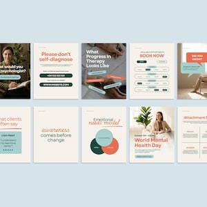 May include: A series of social media posts on a light blue background. The posts contain text and images about mental health, such as quotes, booking details, and diagrams. The colour scheme incorporates beige, teal, and orange.
