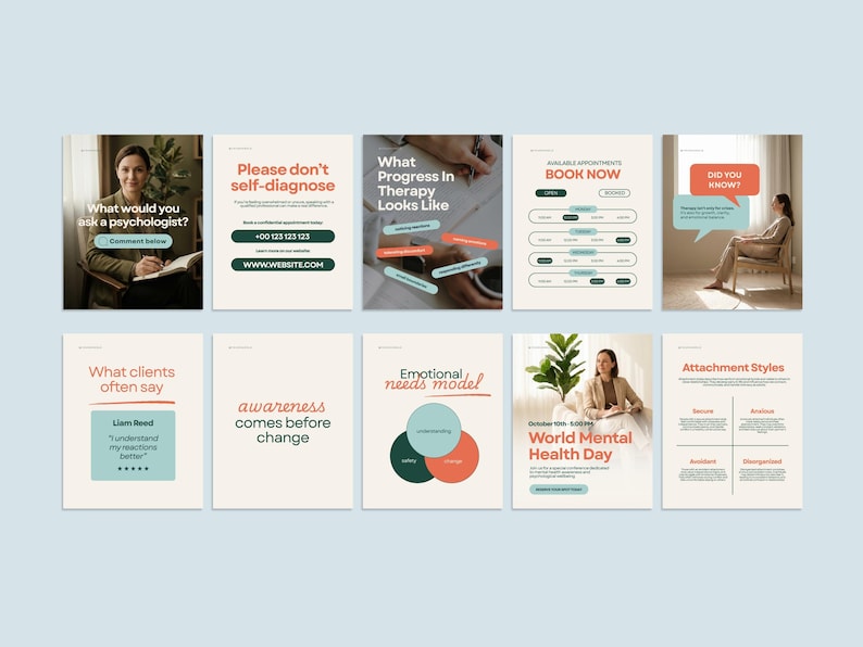 May include: A series of social media posts on a light blue background. The posts contain text and images about mental health, such as quotes, booking details, and diagrams. The colour scheme incorporates beige, teal, and orange.