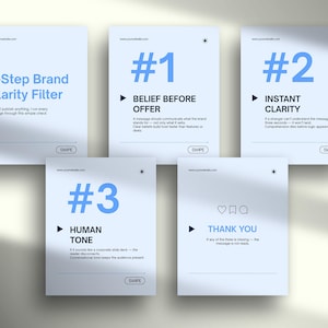 May include: Five light blue cards with white text and blue numbers and titles. The cards read: "3-Step Brand Clarity Filter", "#1 Belief Before Offer", "#2 Instant Clarity", "#3 Human Tone", and "Thank You". Each card has a "Swipe" button.