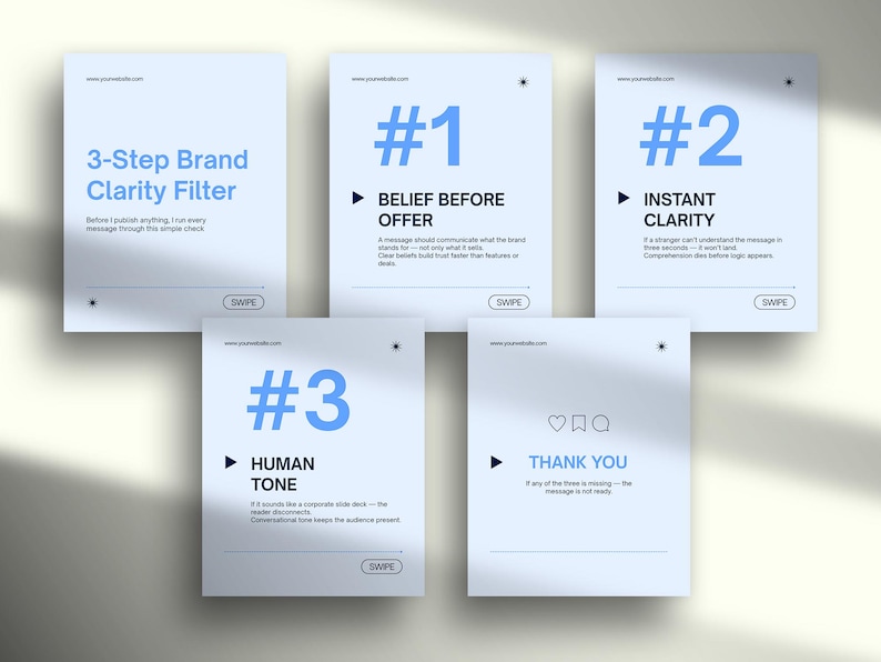May include: Five light blue cards with white text and blue numbers and titles. The cards read: "3-Step Brand Clarity Filter", "#1 Belief Before Offer", "#2 Instant Clarity", "#3 Human Tone", and "Thank You". Each card has a "Swipe" button.