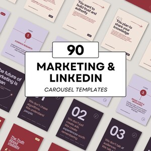 Può includere: Una raccolta di 90 modelli di carosello Marketing & LinkedIn. I modelli presentano vari design con testo, tra cui "Viaggio in 3 fasi verso una solida base di marketing" e "Il futuro del marketing è umano". La tavolozza dei colori include rosso, bianco e nero.