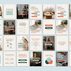 May include: A series of social media posts on a light beige background. The posts contain text and graphics about mental health, covering topics such as anxiety, emotional well-being, and therapy. The posts include images of people and illustrations.