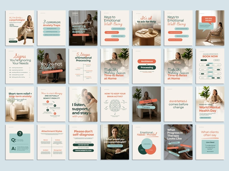May include: A series of social media posts on a light beige background. The posts contain text and graphics about mental health, covering topics such as anxiety, emotional well-being, and therapy. The posts include images of people and illustrations.