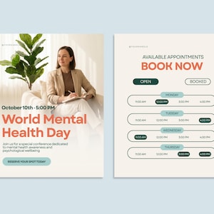 May include: An advertisement for World Mental Health Day. The left side features a woman sitting in a chair with text that reads "World Mental Health Day" and "Reserve Your Spot Today." The right side shows a booking schedule.