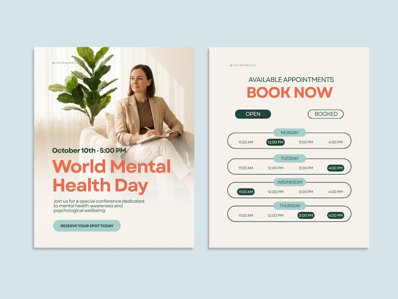 May include: An advertisement for World Mental Health Day. The left side features a woman sitting in a chair with text that reads "World Mental Health Day" and "Reserve Your Spot Today." The right side shows a booking schedule.
