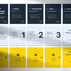 May include: A collection of informational cards with text and graphics. The cards are in various colors, including navy blue, white, and yellow. The text includes phrases like "Real results in practice" and "Sales Mistakes That Are Killing Your Conversions."