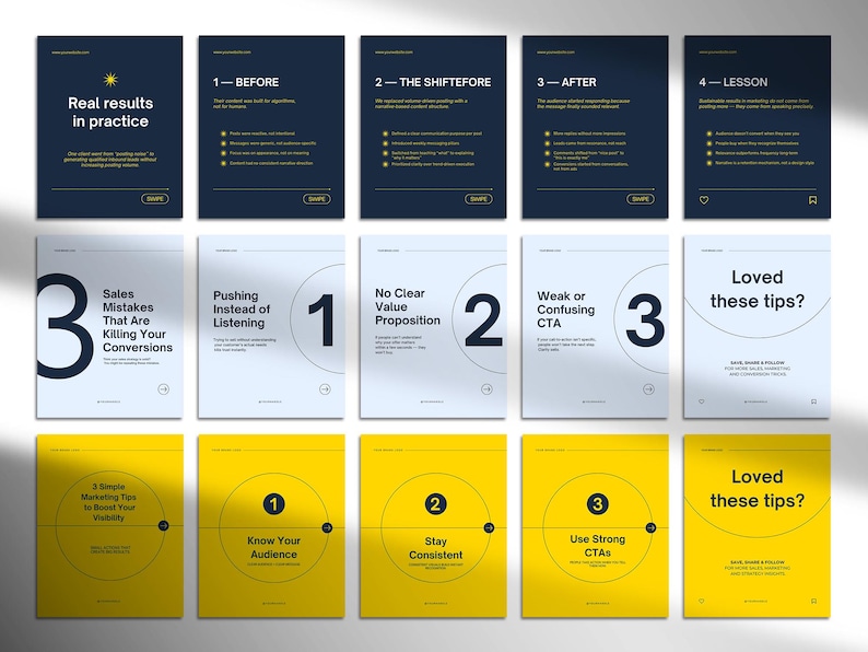 May include: A collection of informational cards with text and graphics. The cards are in various colors, including navy blue, white, and yellow. The text includes phrases like "Real results in practice" and "Sales Mistakes That Are Killing Your Conversions."