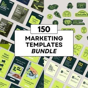May include: A bundle of 150 marketing templates, featuring a range of designs in green and dark blue. The text "MARKETING TEMPLATES BUNDLE" is displayed prominently. There are also several green and yellow stickers with various icons and text.