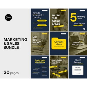 May include: A digital marketing and sales bundle template set featuring 30 pages with a dark blue, white, and yellow color scheme. The layout includes various text-based slides with headings like Keys to successful branding, 5 Marketing Truths, and Client Review.