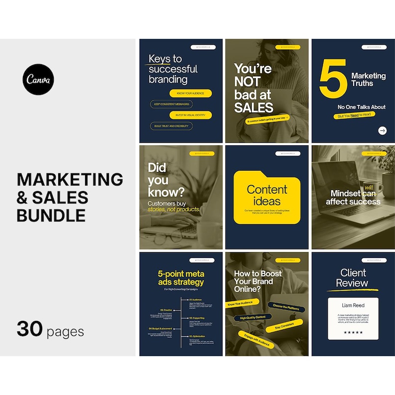 May include: A digital marketing and sales bundle template set featuring 30 pages with a dark blue, white, and yellow color scheme. The layout includes various text-based slides with headings like Keys to successful branding, 5 Marketing Truths, and Client Review.