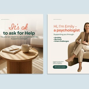 May include: Two-panel image. The left panel has the text "It's ok to ask for Help" with additional text. The right panel features a woman and the text "Hi, I'm Emily - a psychologist" with a list of services. The background is a light beige.
