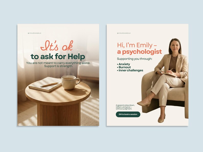 May include: Two-panel image. The left panel has the text "It's ok to ask for Help" with additional text. The right panel features a woman and the text "Hi, I'm Emily - a psychologist" with a list of services. The background is a light beige.