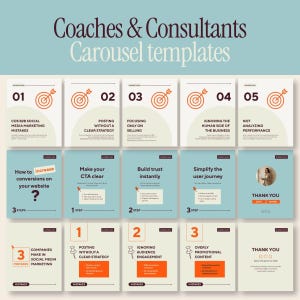 Könnte beinhalten: Eine Sammlung digitaler Karussell-Vorlagen für Coaches und Berater, bestehend aus fünfzehn quadratischen Folien mit Text, nummerierten Listen, Ziel-Symbolen und Pinnnadel-Grafiken in einer Farbpalette aus Creme, Hellblau und Orange.
