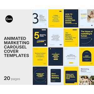 May include: A set of 20 animated marketing carousel cover templates. The designs use navy blue, yellow, and white, with text including "Sales Mistakes That Are Killing Your Conversions" and "Marketing Truths".