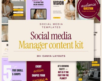 May include: A collection of social media templates for a social media manager content kit, featuring over 30 Canva layouts with various text-based designs, professional imagery, and marketing-focused headings in a neutral and maroon color palette.