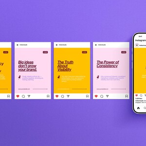 May include: A series of five social media post templates displayed on a purple background. Four templates are arranged in a row, while the fifth is shown on a smartphone screen. Each template features bold text, a logo placeholder, and icons.