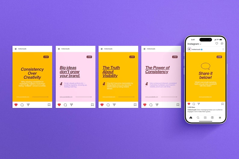 May include: A series of five social media post templates displayed on a purple background. Four templates are arranged in a row, while the fifth is shown on a smartphone screen. Each template features bold text, a logo placeholder, and icons.