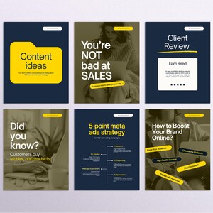 Canva Instagram templates for marketing and branding – navy blue and yellow social media post designs with content ideas, sales quotes, ad strategies, client reviews, and tips to grow your brand online.