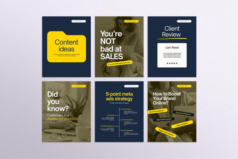 Canva Instagram templates for marketing and branding – navy blue and yellow social media post designs with content ideas, sales quotes, ad strategies, client reviews, and tips to grow your brand online.