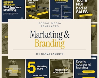 May include: A collection of social media templates for marketing and branding featuring over 30 Canva layouts. The design uses a dark blue, cream, and yellow color palette with bold typography and various educational text overlays about business strategy.