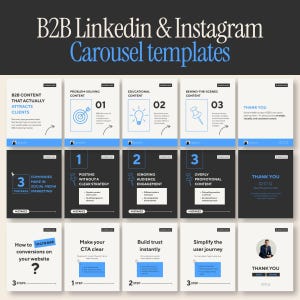 Peut inclure: Une collection de modèles de carrousel B2B pour LinkedIn et Instagram avec des schémas de couleurs blanc, noir et bleu. Les designs incluent du texte, des icônes et des diapositives numérotées pour le marketing sur les réseaux sociaux, avec des titres comme B2B Content That Actually Attracts Clients et 3 Mistakes Companies Make in Social Media Marketing.