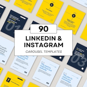 Może przedstawiać: Zbiór 90 szablonów karuzeli LinkedIn i Instagram. Szablony znajdują się na białych, żółtych i granatowych kartach z tekstem i grafiką. Centralna karta głosi "90 Szablonów karuzeli LinkedIn i Instagram."