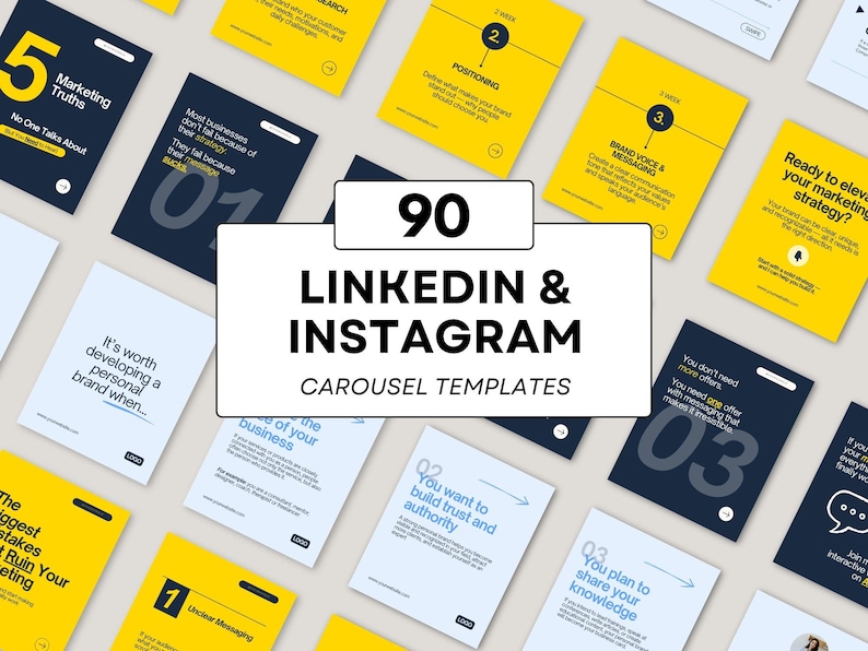 May include: A collection of 90 LinkedIn and Instagram carousel templates. The templates are on white, yellow, and navy blue cards with text and graphics. The central card reads "90 LinkedIn & Instagram Carousel Templates."